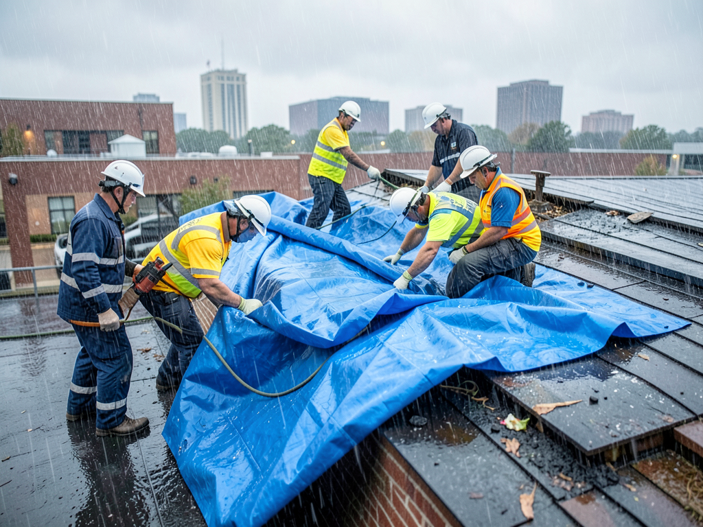 Emergency storm damage cleanup and tarping in the
